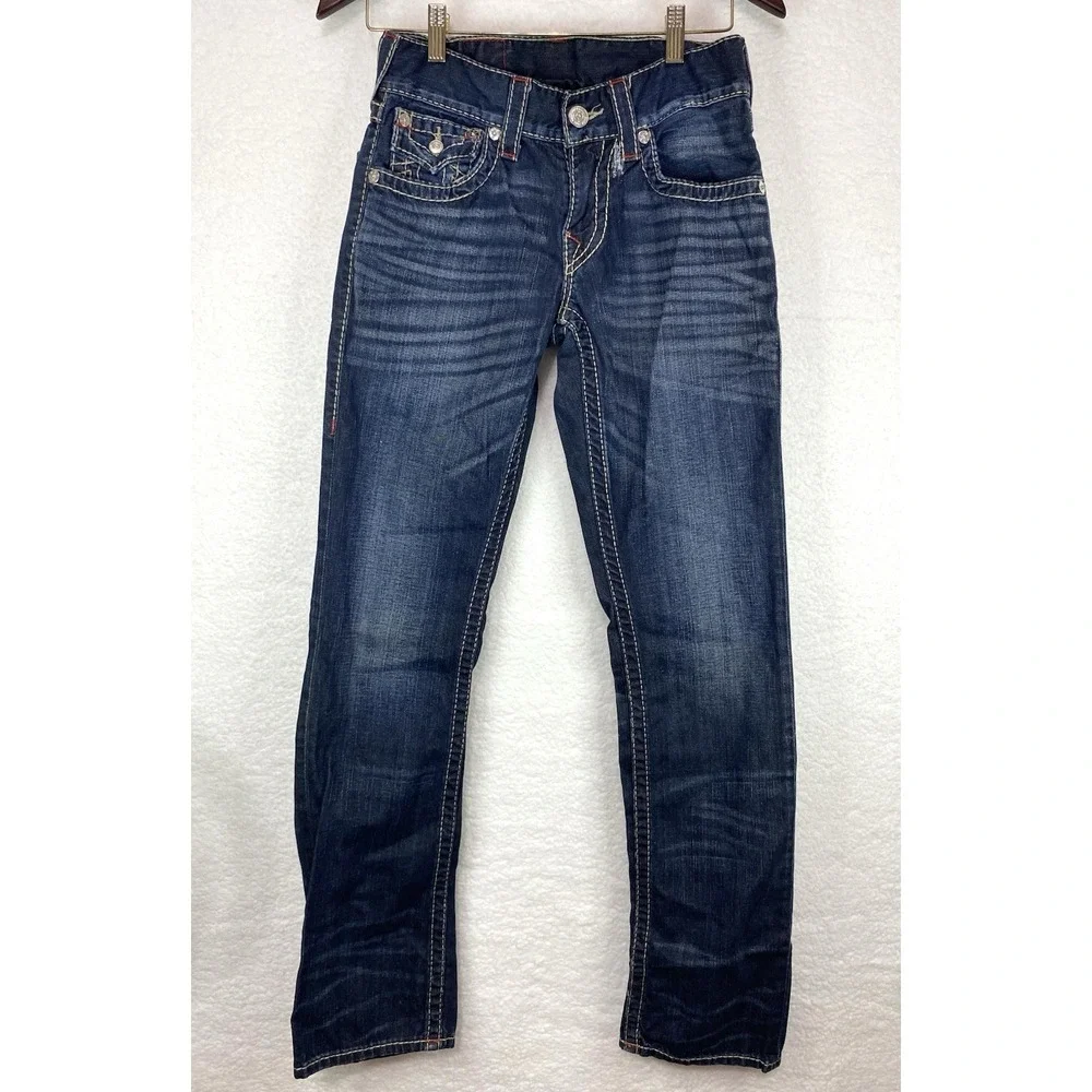 True Religion Straight Flap Earthworm Big T Indigo Heart Dark Wash Jeans Size 27